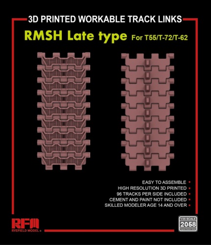 3D Printed Workable Track Links RMSH Late Type For T-55/T-72/T-62 1:35 Rye Field Model 2058