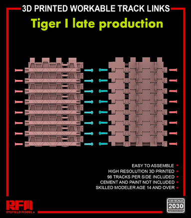 3D Printed workable track links for Tiger I late production 1:35 Rye Field Model 2030