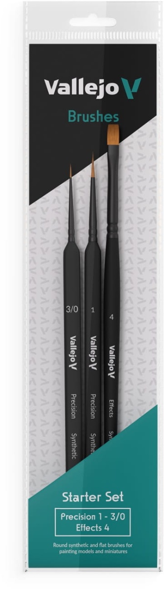 Zdjęcie główne produktu Zestaw pędzli syntetycznych (3/0, 1, 4) Vallejo B03990 Precision Starter Set (Round No.1, 3/0 Triangular Handle, Flat No.4, synthetics)