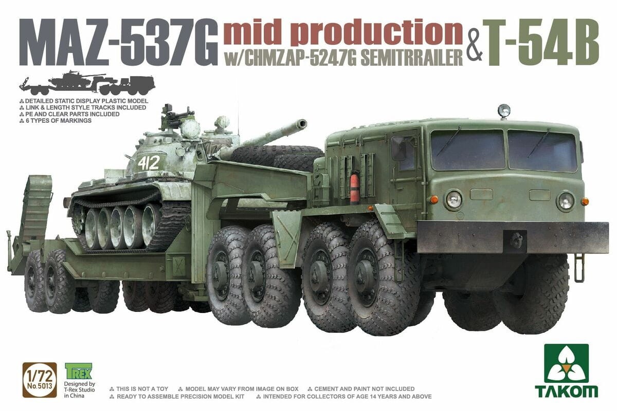 Zdjęcie główne produktu MAZ-537G with CHMZAP-5247G Semitrailer and T-54B 1:72 Takom 5013