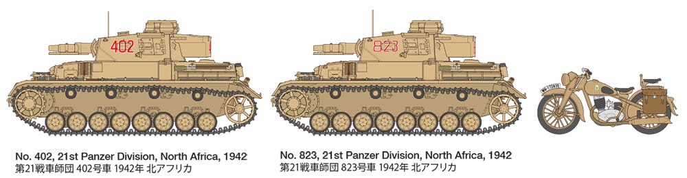 Zdjęcie dodatkowe produktu Panzerkampfwagen IV Ausf.F and Motorcycle Set North Africa 1:35 Tamiya 25208