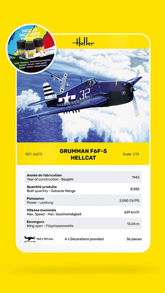 Zdjęcie dodatkowe produktu F6F Hellcat 1:72 STARTER KIT Heller 56272
