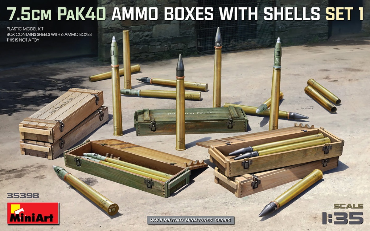 Zdjęcie główne produktu 7.5cm Pak40 Ammo Boxes With Shells Set 1 1:35 MiniArt 35398