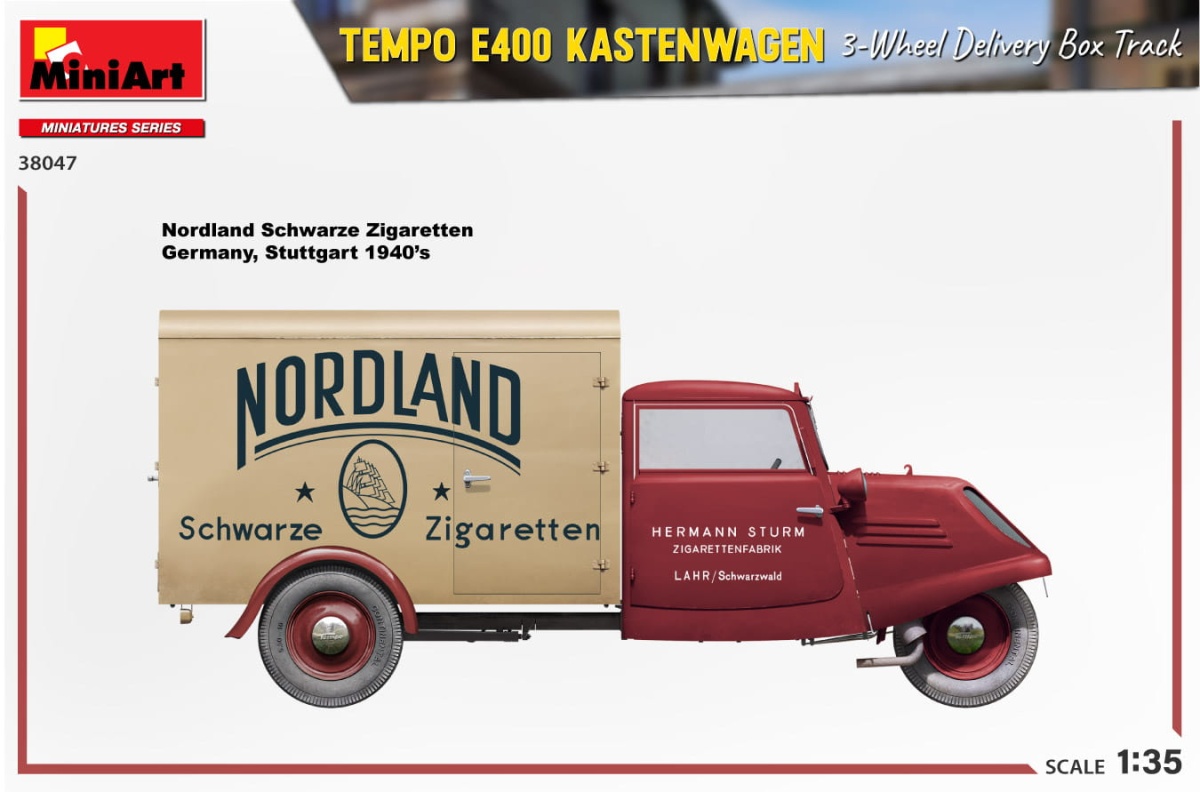 Zdjęcie dodatkowe produktu Tempo E400 Kastenwagen 3-wheel Delivery Box Track 1:35 MiniArt 38047