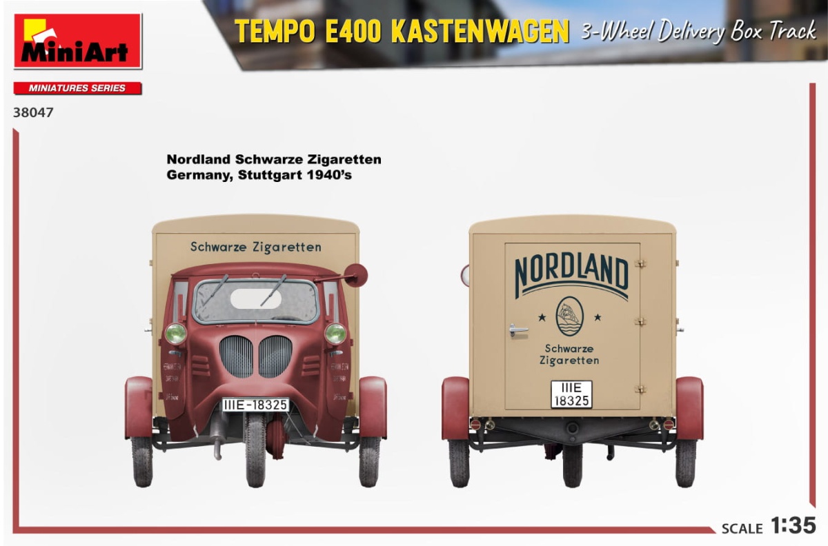Zdjęcie dodatkowe produktu Tempo E400 Kastenwagen 3-wheel Delivery Box Track 1:35 MiniArt 38047