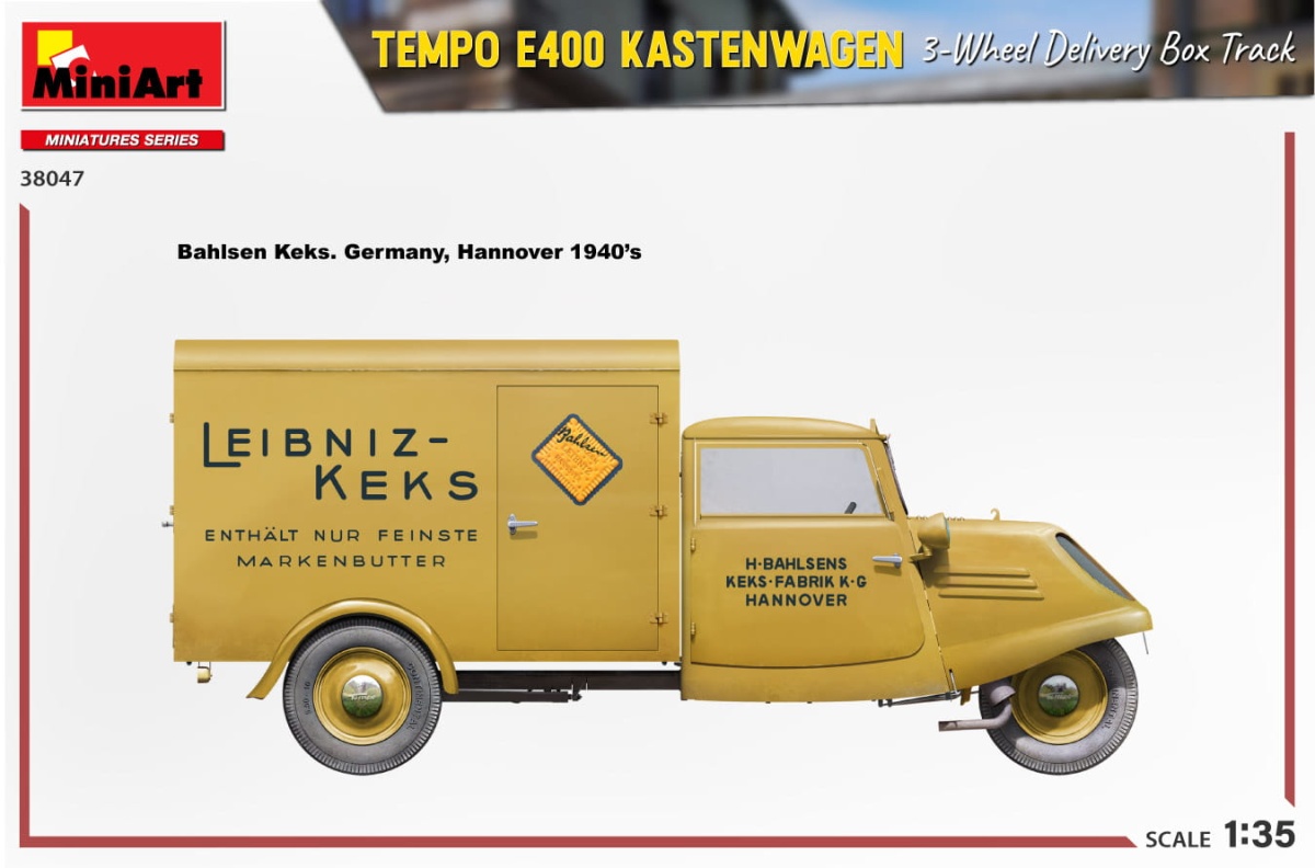 Zdjęcie dodatkowe produktu Tempo E400 Kastenwagen 3-wheel Delivery Box Track 1:35 MiniArt 38047