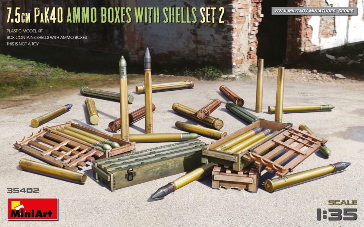 Zdjęcie główne produktu 7.5cm Pak40 Ammo Boxes With Shells Set 2 1:35 MiniArt 35402