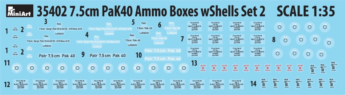 Zdjęcie dodatkowe produktu 7.5cm Pak40 Ammo Boxes With Shells Set 2 1:35 MiniArt 35402