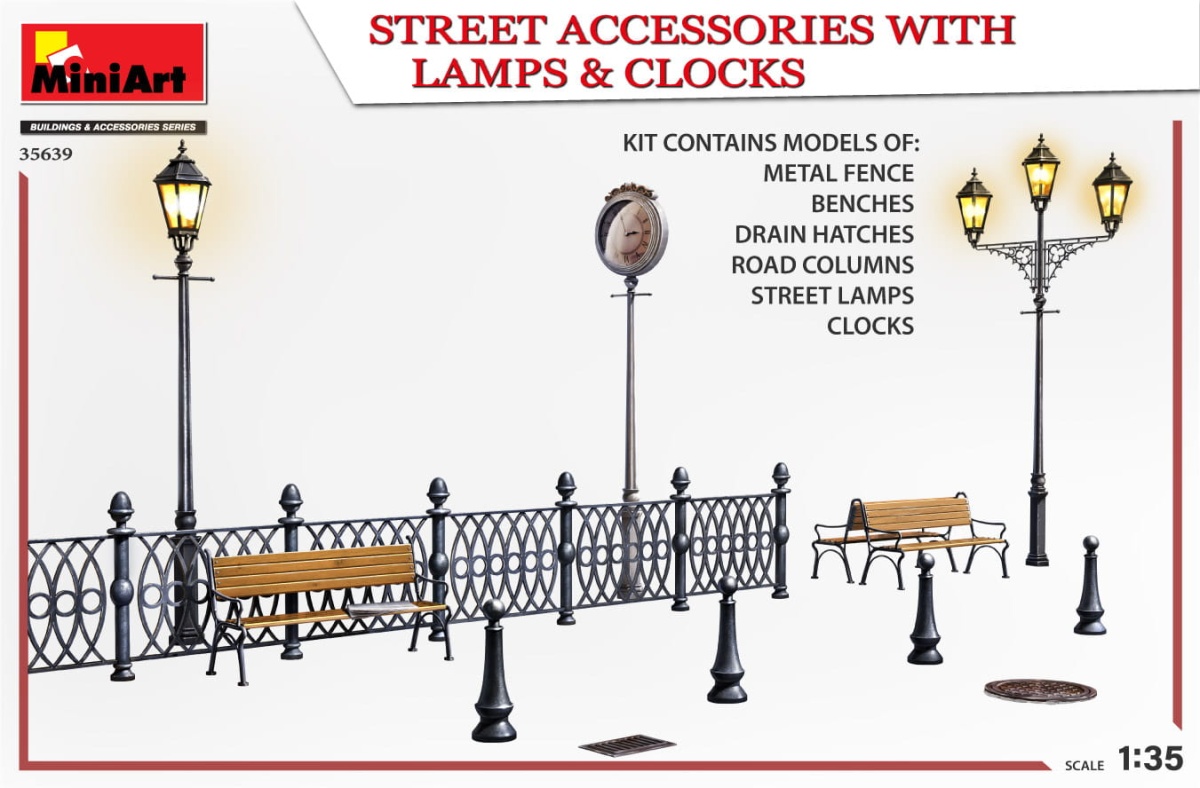 Zdjęcie dodatkowe produktu Street Accessories With Lamps and Clocks 1:35 MiniArt 35639