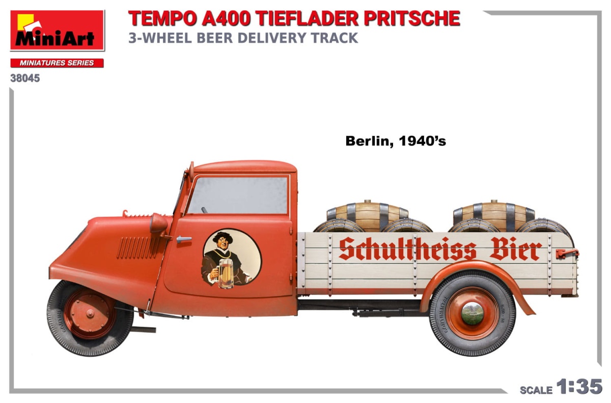 Zdjęcie dodatkowe produktu Tempo A400 Tieflader Pritsche 3-wheel Beer Delivery Truck 1:35 MiniArt 38045