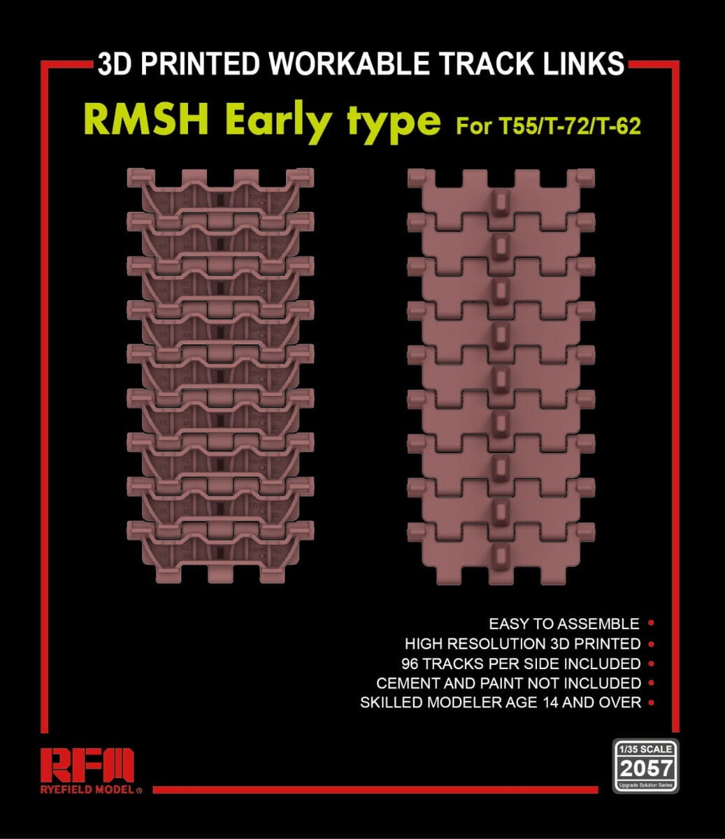 Zdjęcie główne produktu 3D Printed Workable Track Links RMSH Early Type For T-55/T-72/T-62 1:35 Rye Field Model 2057