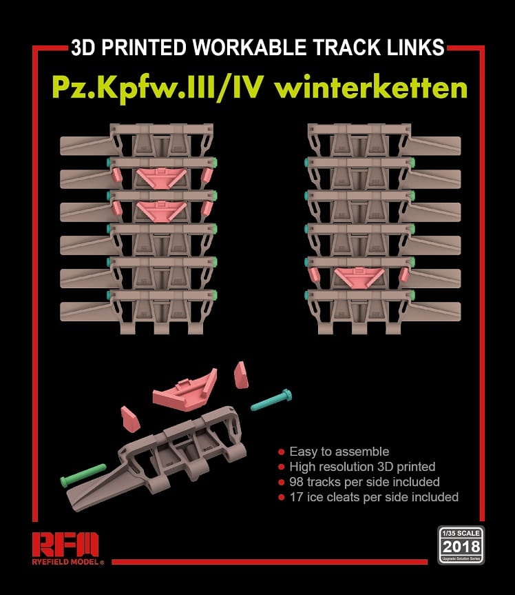 Zdjęcie główne produktu 3D Printed Workable Track Links Pz.Kpfw.III/IV winterketten 1:35 Rye Field Model 2018