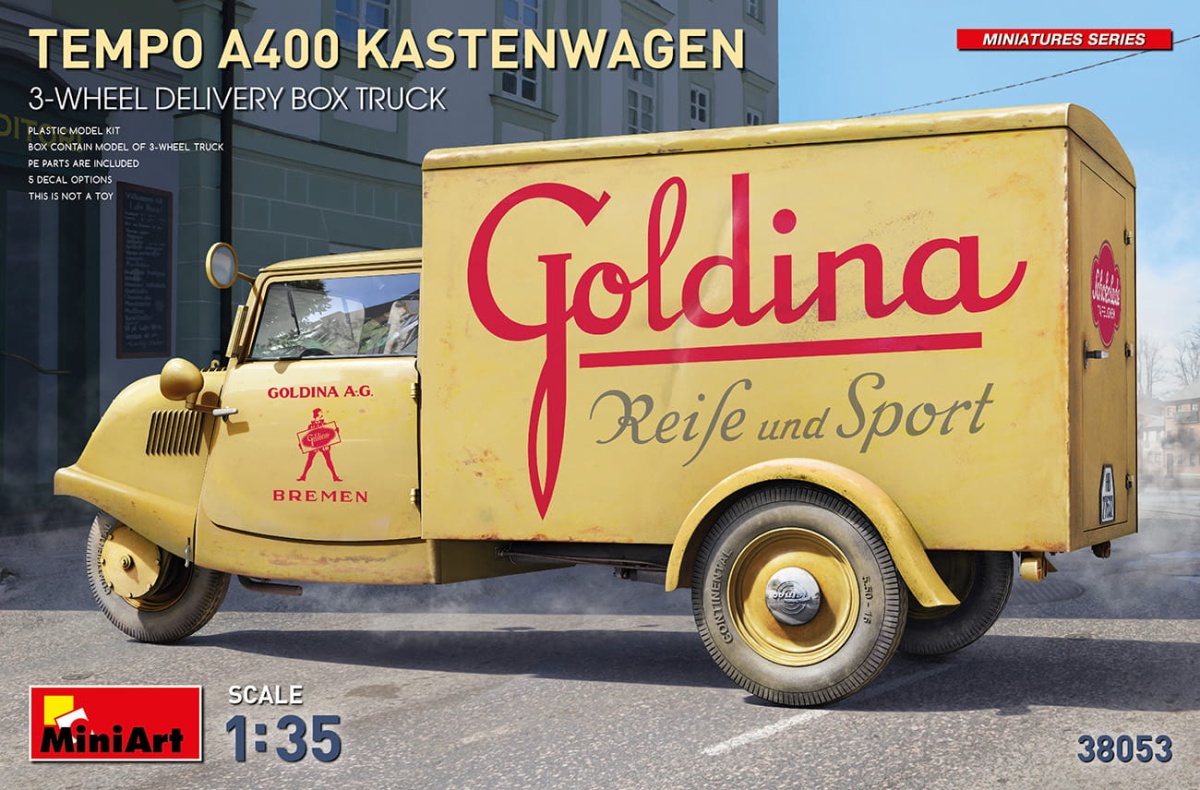 Zdjęcie główne produktu Tempo A400 Kastenwagen 3-wheel Delivery Box Truck 1:35 MiniArt 38053