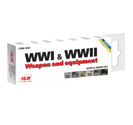 Zdjęcie główne produktu Zestaw farb akrylowych do broni i wyposażenia z okresu I i II wojny światowej ICM 3043