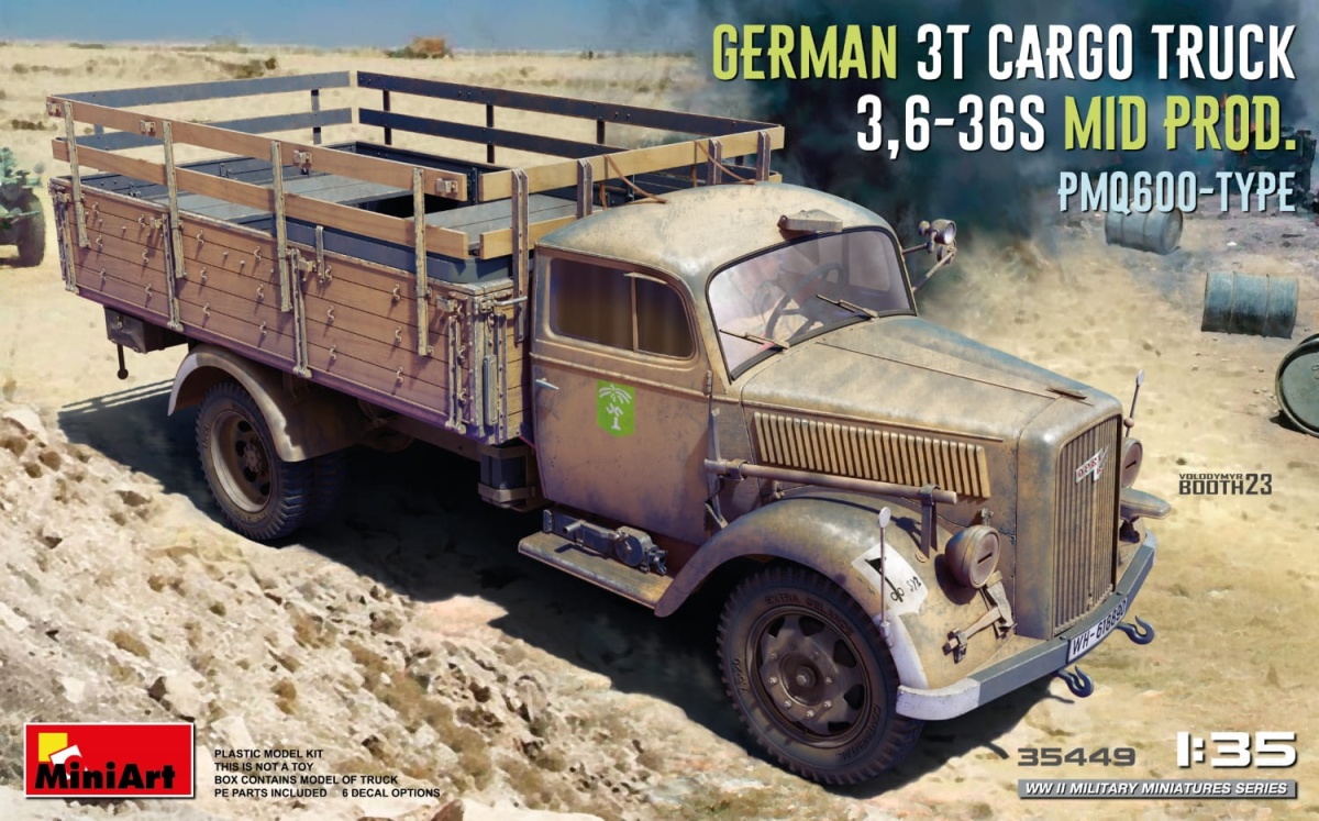 Zdjęcie główne produktu Niemiecka Ciężarówka 3t Cargo Truck 3,6-36s Mid Prod. Typ Pmq600 1:35 MiniArt 35449