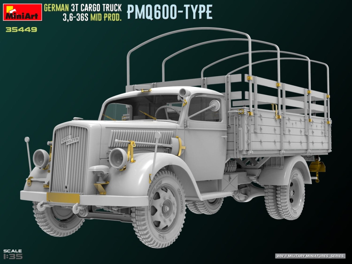 Zdjęcie dodatkowe produktu Niemiecka Ciężarówka 3t Cargo Truck 3,6-36s Mid Prod. Typ Pmq600 1:35 MiniArt 35449