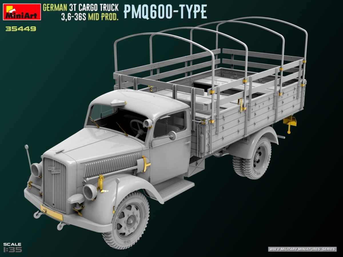 Zdjęcie dodatkowe produktu Niemiecka Ciężarówka 3t Cargo Truck 3,6-36s Mid Prod. Typ Pmq600 1:35 MiniArt 35449