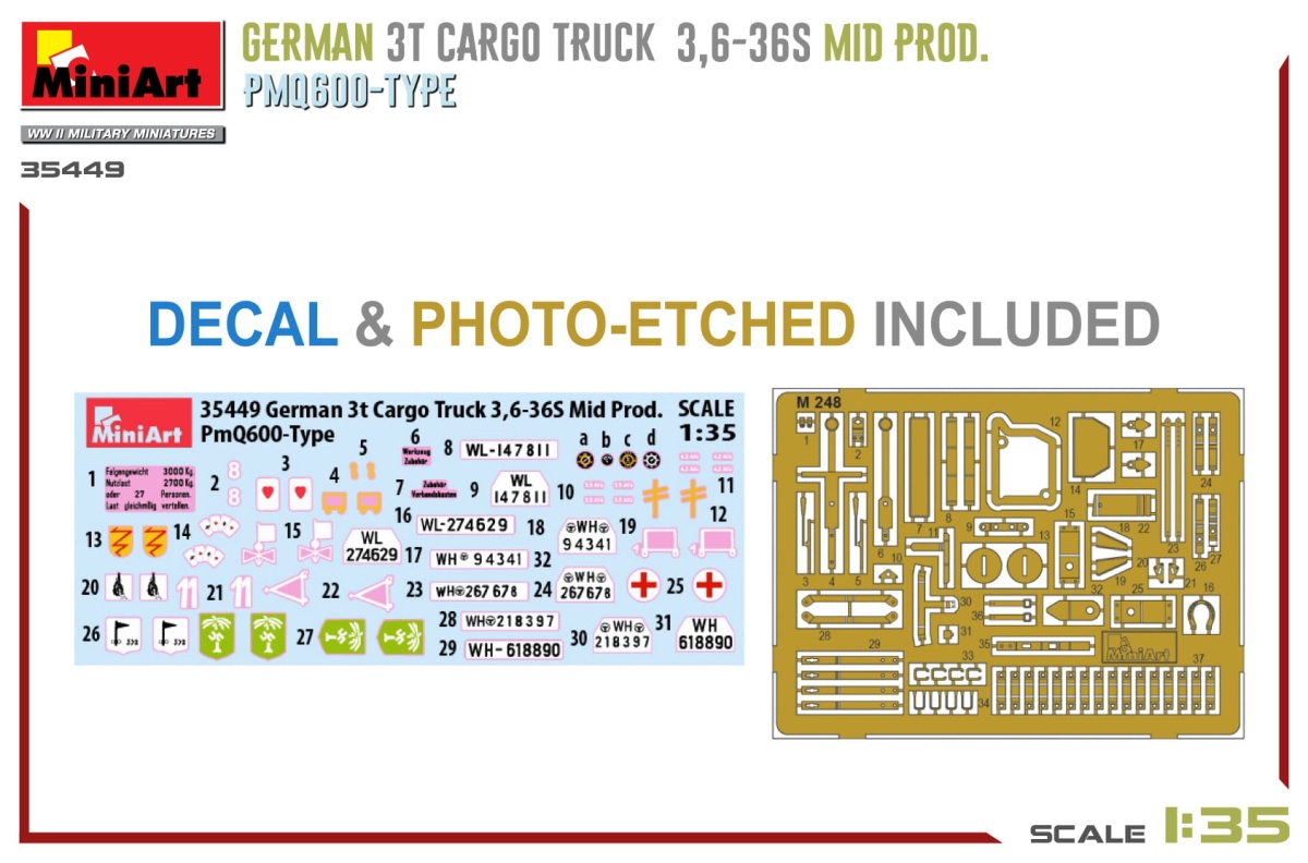 Zdjęcie dodatkowe produktu Niemiecka Ciężarówka 3t Cargo Truck 3,6-36s Mid Prod. Typ Pmq600 1:35 MiniArt 35449