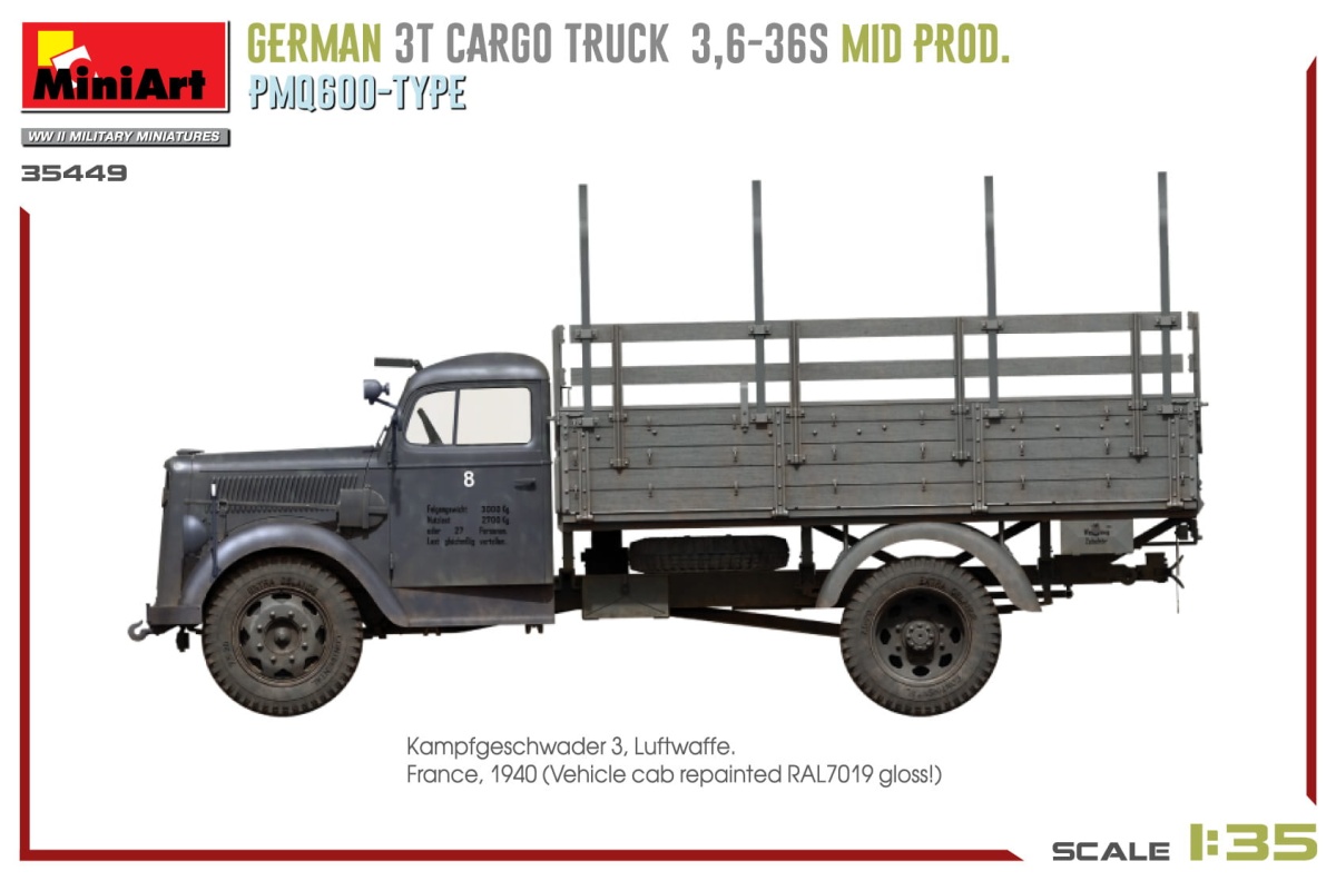 Zdjęcie dodatkowe produktu Niemiecka Ciężarówka 3t Cargo Truck 3,6-36s Mid Prod. Typ Pmq600 1:35 MiniArt 35449