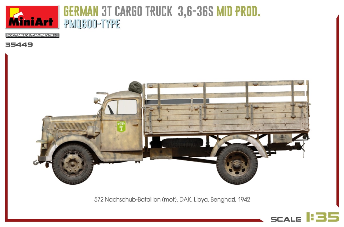 Zdjęcie dodatkowe produktu Niemiecka Ciężarówka 3t Cargo Truck 3,6-36s Mid Prod. Typ Pmq600 1:35 MiniArt 35449