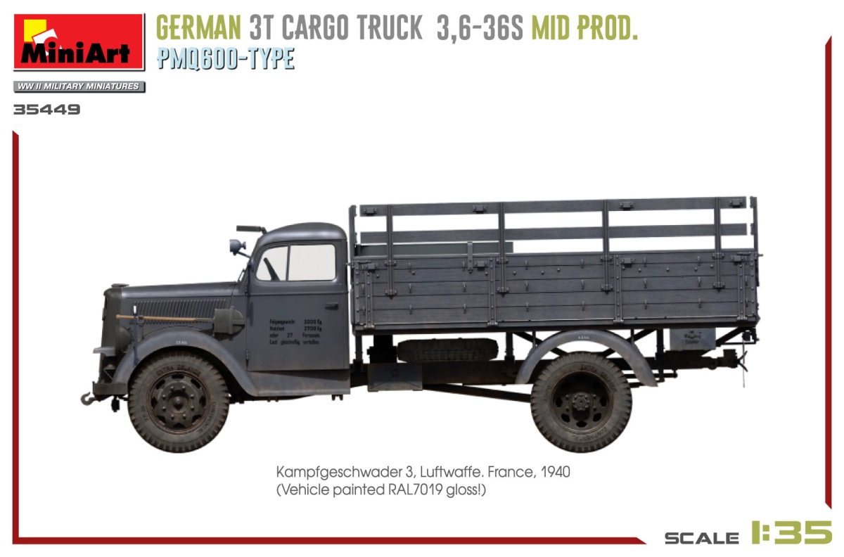 Zdjęcie dodatkowe produktu Niemiecka Ciężarówka 3t Cargo Truck 3,6-36s Mid Prod. Typ Pmq600 1:35 MiniArt 35449