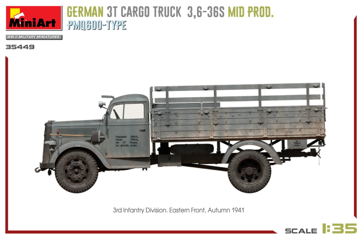 Zdjęcie dodatkowe produktu Niemiecka Ciężarówka 3t Cargo Truck 3,6-36s Mid Prod. Typ Pmq600 1:35 MiniArt 35449