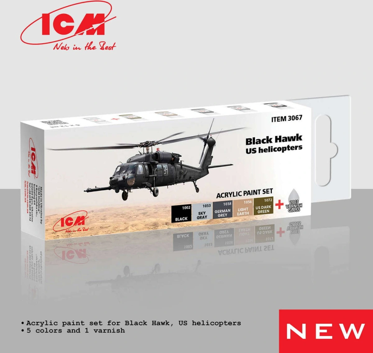 Zdjęcie główne produktu Zestaw farb akrylowych dla amerykańskich śmigłowców Black Hawk (6x 12ml) ICM 3067