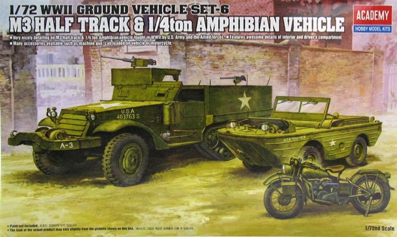 Zdjęcie dodatkowe produktu M3 Half Track plus amfibia plus motocykl 1:72 Academy 13408