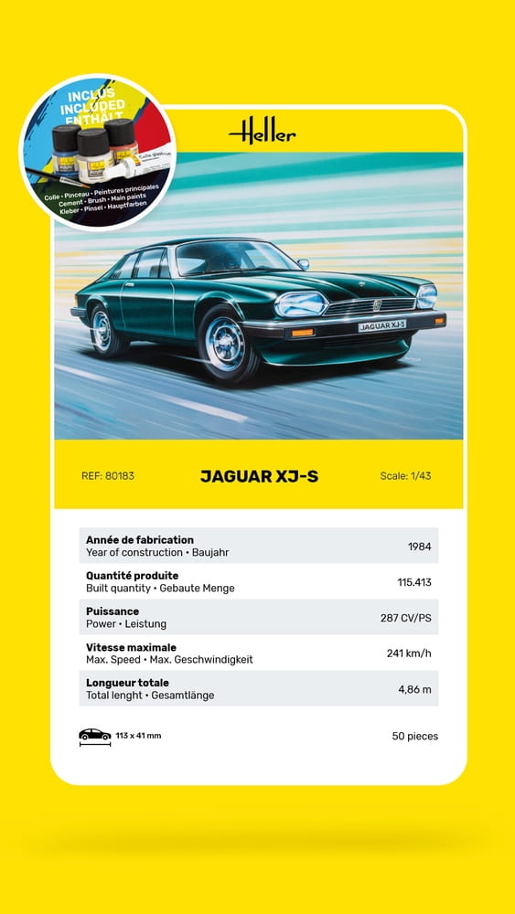 Zdjęcie dodatkowe produktu Jaguar XJS STARTER KIT (z pędzlem, farbami i klejem) 1:43 Heller 56183