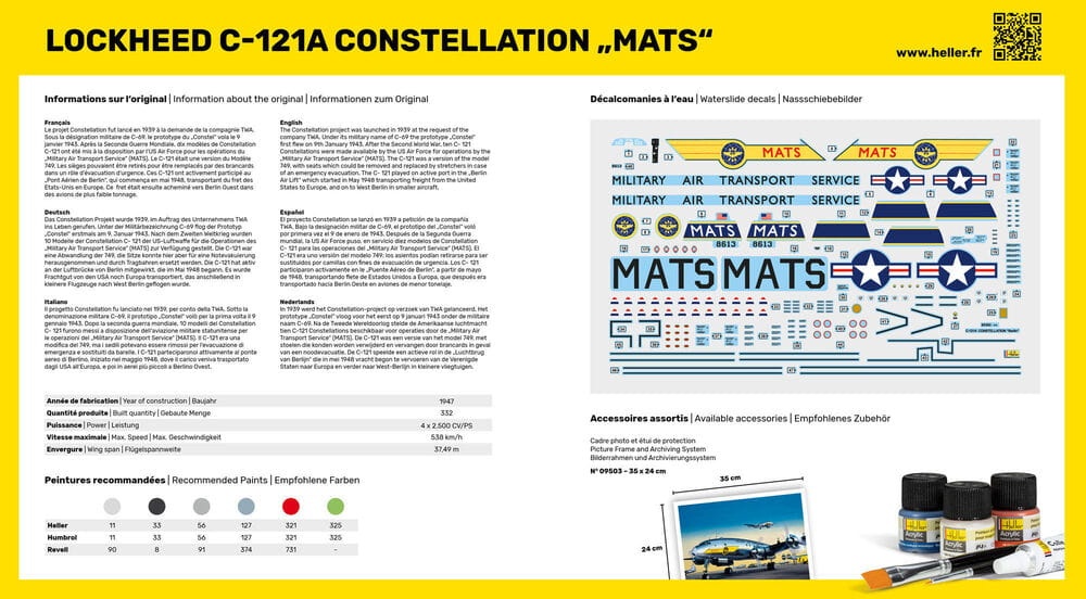 Zdjęcie dodatkowe produktu C-121A Constellation MATS STARTER KIT (z farbami, pędzlem i klejem) 1:72 Heller 56382