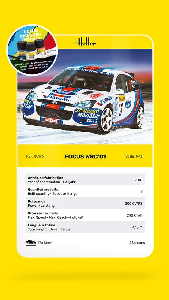 Zdjęcie dodatkowe produktu Ford Focus WRC 2001 STARTER KIT (z farbami, pędzlem i klejem) 1:43 Heller 56196