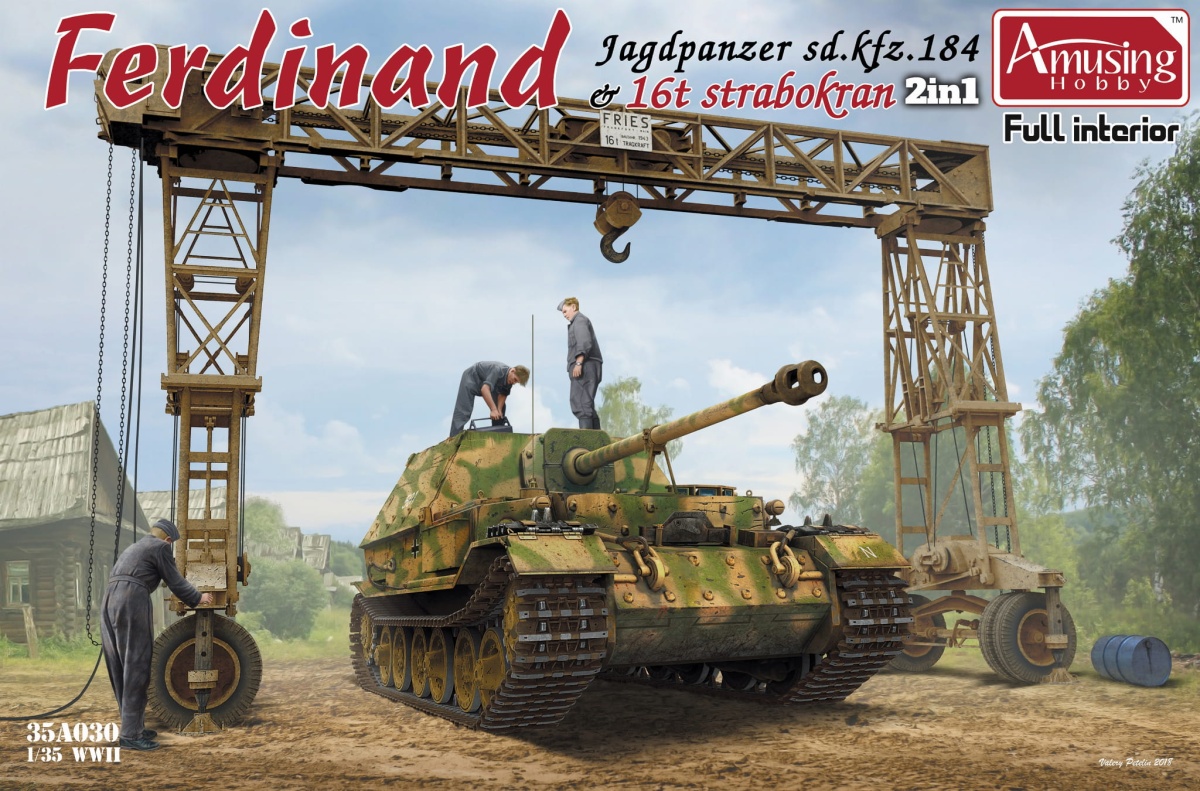 Zdjęcie główne produktu Sd.Kfz.184 Ferdinand and 16t Strabokran w/ Full Interior/Clear Roof Parts 1:35 Amusing Hobby 35A030