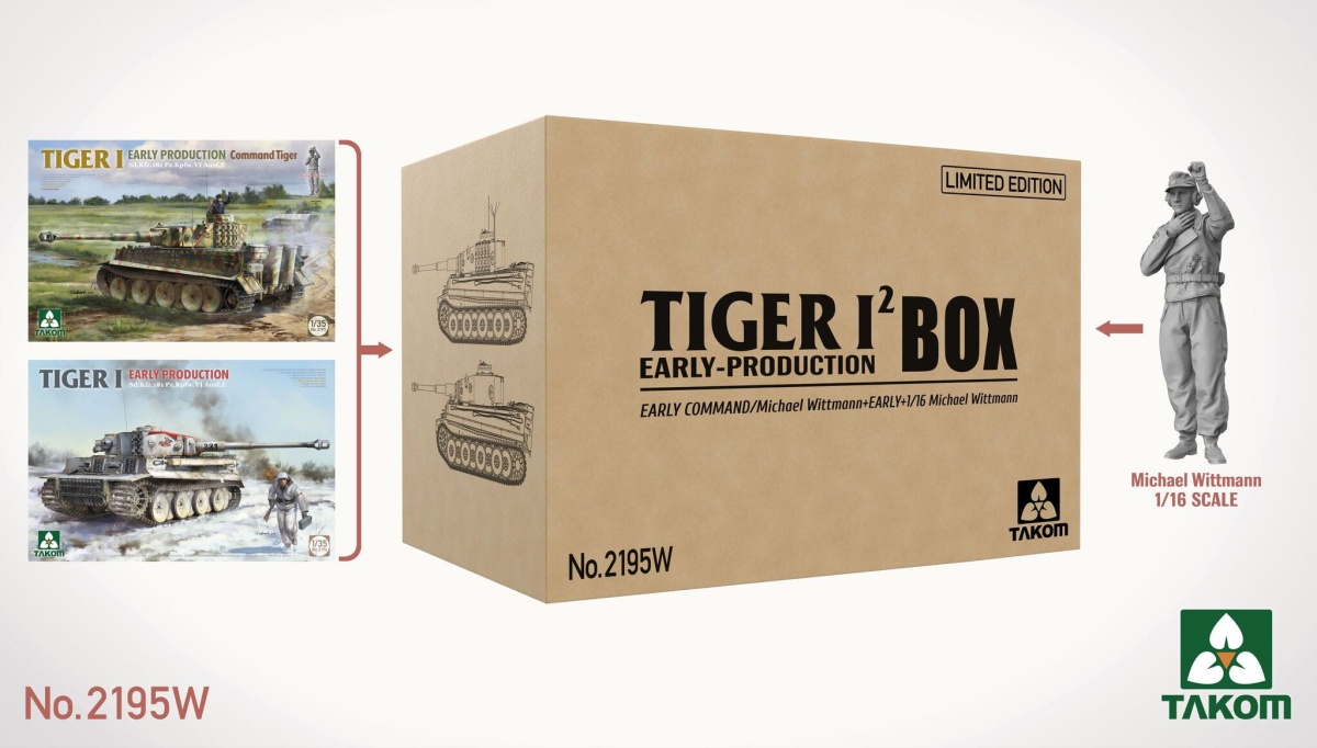 Zdjęcie główne produktu Tiger I Box Early-Production Limited Edition (Early Command/Michael Wittmann + Early + 1/16 Michael Wittmann) 1:35 Takom 2195W