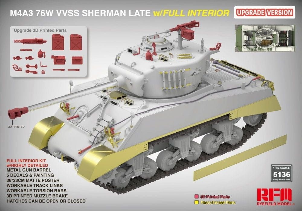 Zdjęcie dodatkowe produktu M4A3 76W VVSS Sherman Late Upgrade Version Full Interior 1:35 Rye Field Model 5136