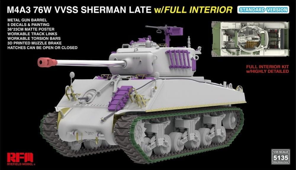 Zdjęcie dodatkowe produktu M4A3 76W VVSS Sherman Late Standard Version Full Interior 1:35 Rye Field Model 5135