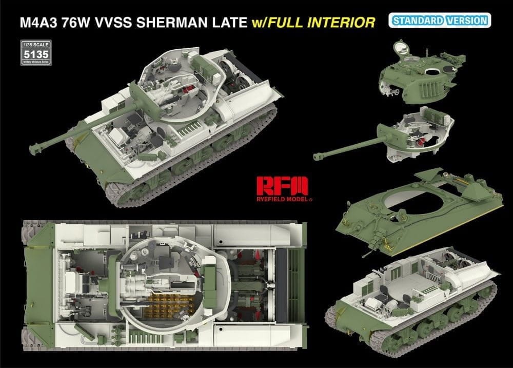 Zdjęcie dodatkowe produktu M4A3 76W VVSS Sherman Late Standard Version Full Interior 1:35 Rye Field Model 5135