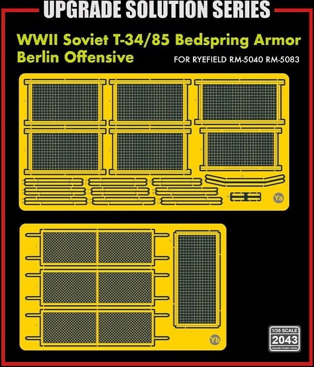 Zdjęcie dodatkowe produktu Zestaw waloryzujący do radzieckiego czołgu T-34/85 z okresu II WŚ - Pancerz siatkowy 'Bedspring' (Ofensywa Berlińska) 1:35 Rye Field Model 2043