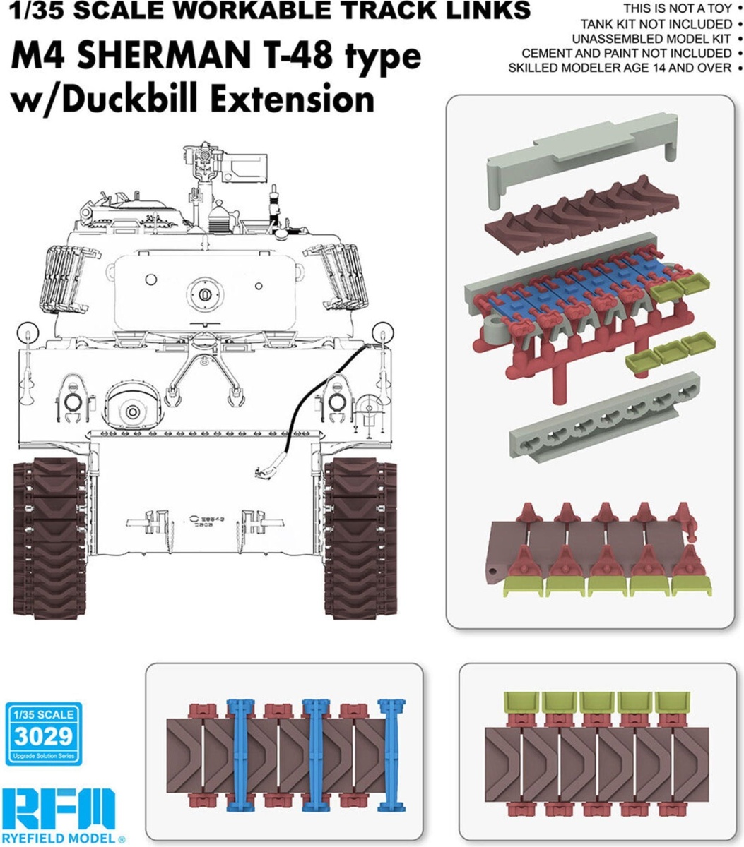 Zdjęcie główne produktu Gąsienice ruchome typ T-48 z rozszerzeniem duckbill do M4 Sherman (plastik) 1:35 Rye Field Model 3029