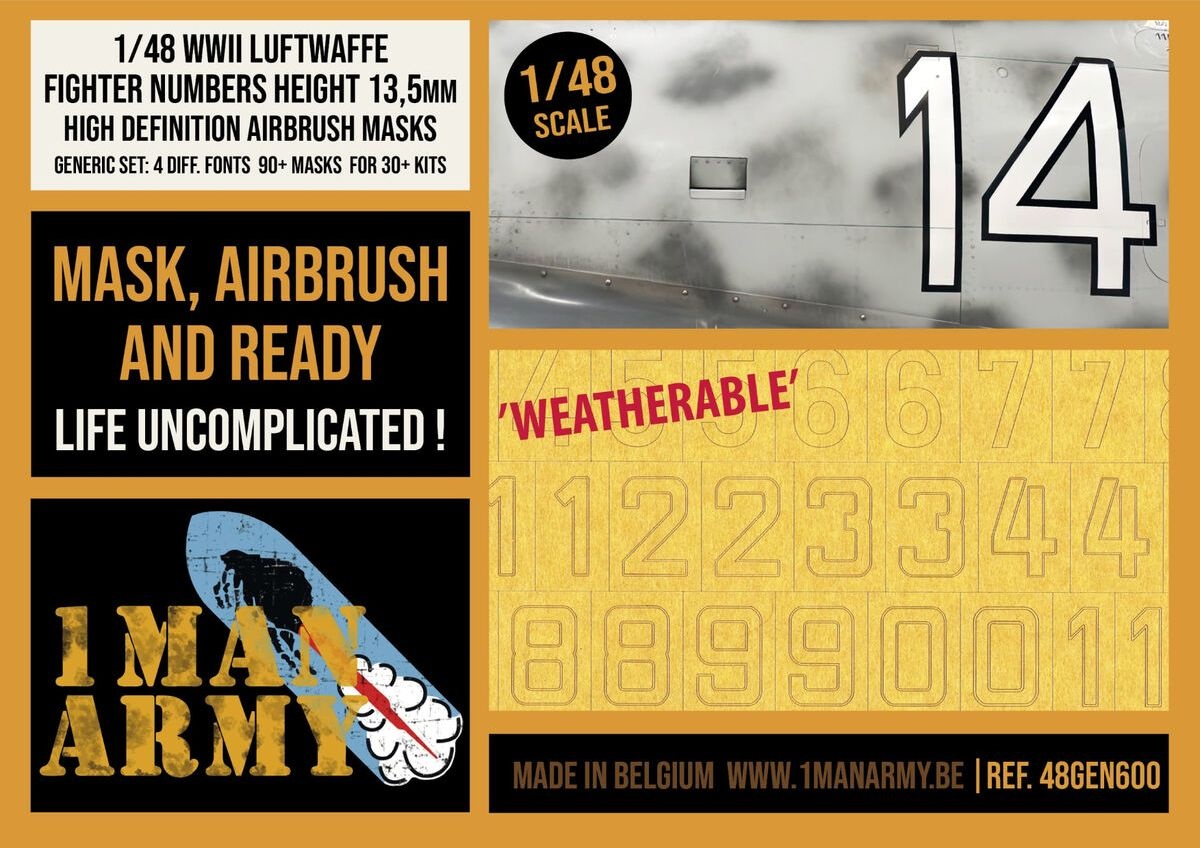 Zdjęcie główne produktu Focke-Wulf Fw-190 A-Series - wysokiej jakości maski do aerografu z numerami myśliwców (13,5 mm) Zestaw ogólny 1:48 1 Man Army 48GEN600