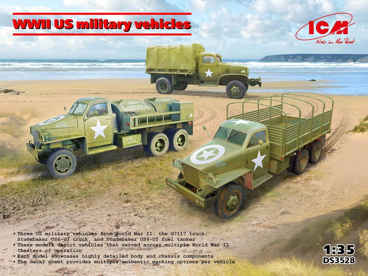Zdjęcie główne produktu Pojazdy wojskowe USA z okresu II WŚ (G7117, Studebaker US6-U3, Studebaker US6-U5) 1:35 ICM DS3528