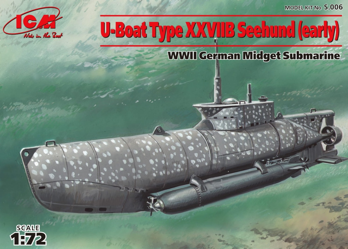 Zdjęcie główne produktu Niemiecki miniaturowy okręt podwodny U-Boat Typ XXVIIB Seehund (wersja wczesna) 1:72 ICM S006