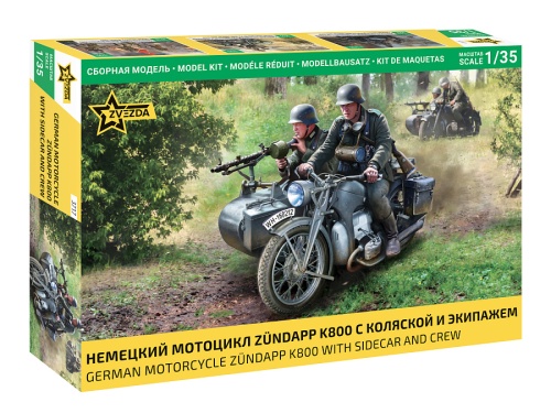 Niemiecki motocykl Zundapp K800 z wózkiem bocznym i karetką 1:35 Zvezda 3717