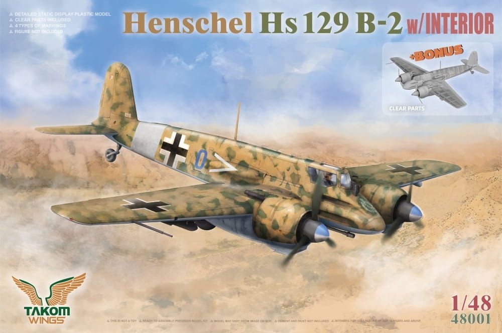 Zdjęcie dodatkowe produktu Hs 129 Box (Hs 129 B-2 + B-3 + 3D Printed Set Figures x2 + Panther A) (edycja limitowana) 1:48 Takom 48001W