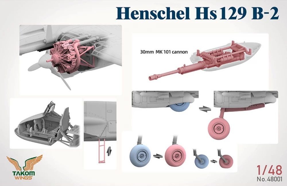 Zdjęcie dodatkowe produktu Hs 129 Box (Hs 129 B-2 + B-3 + 3D Printed Set Figures x2 + Panther A) (edycja limitowana) 1:48 Takom 48001W