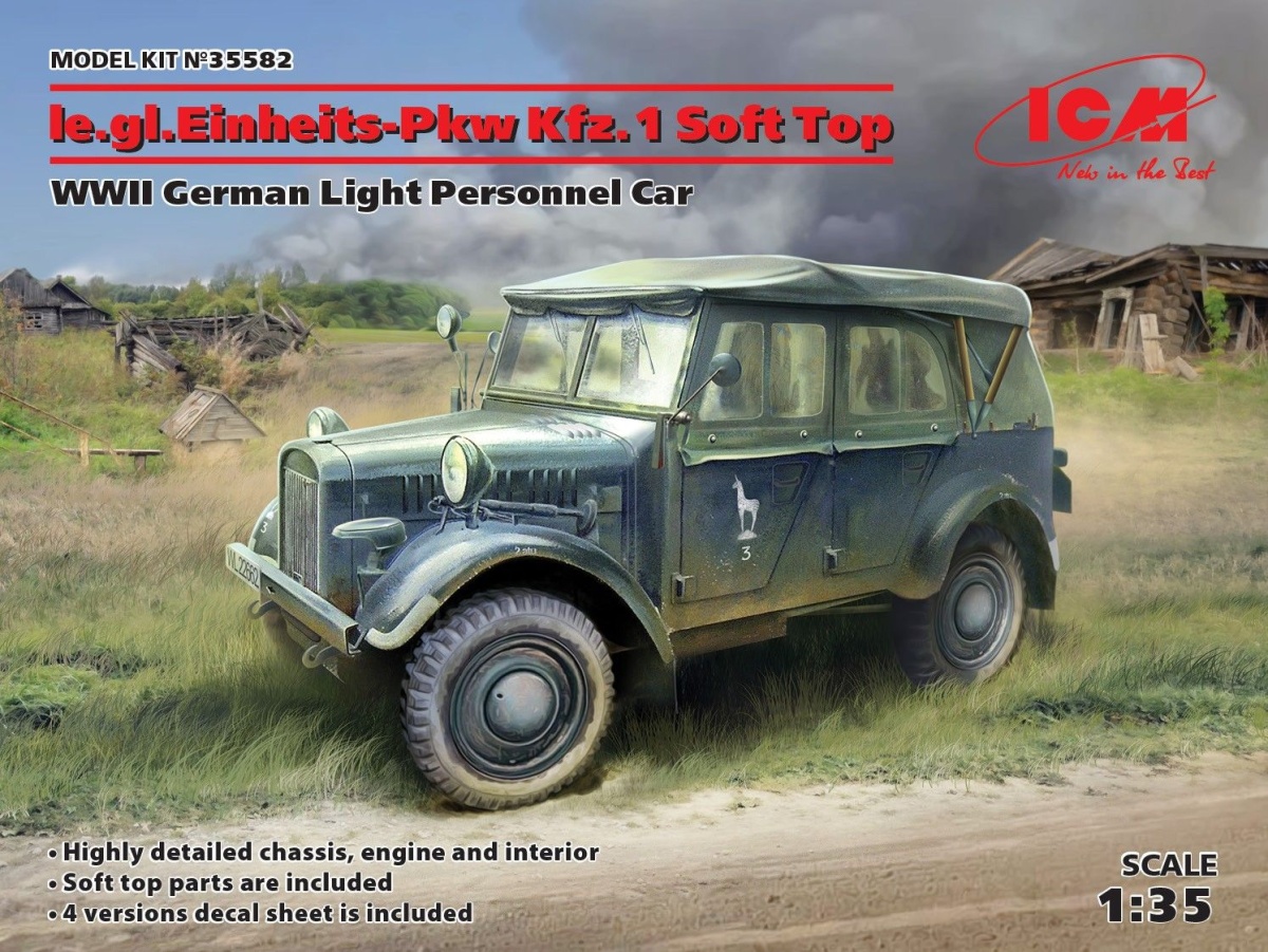 Zdjęcie główne produktu Niemiecki lekki samochód osobowy z II WŚ le.gl.Einheitz-Pkw Kfz.1 Soft Top 1:35 ICM 35582