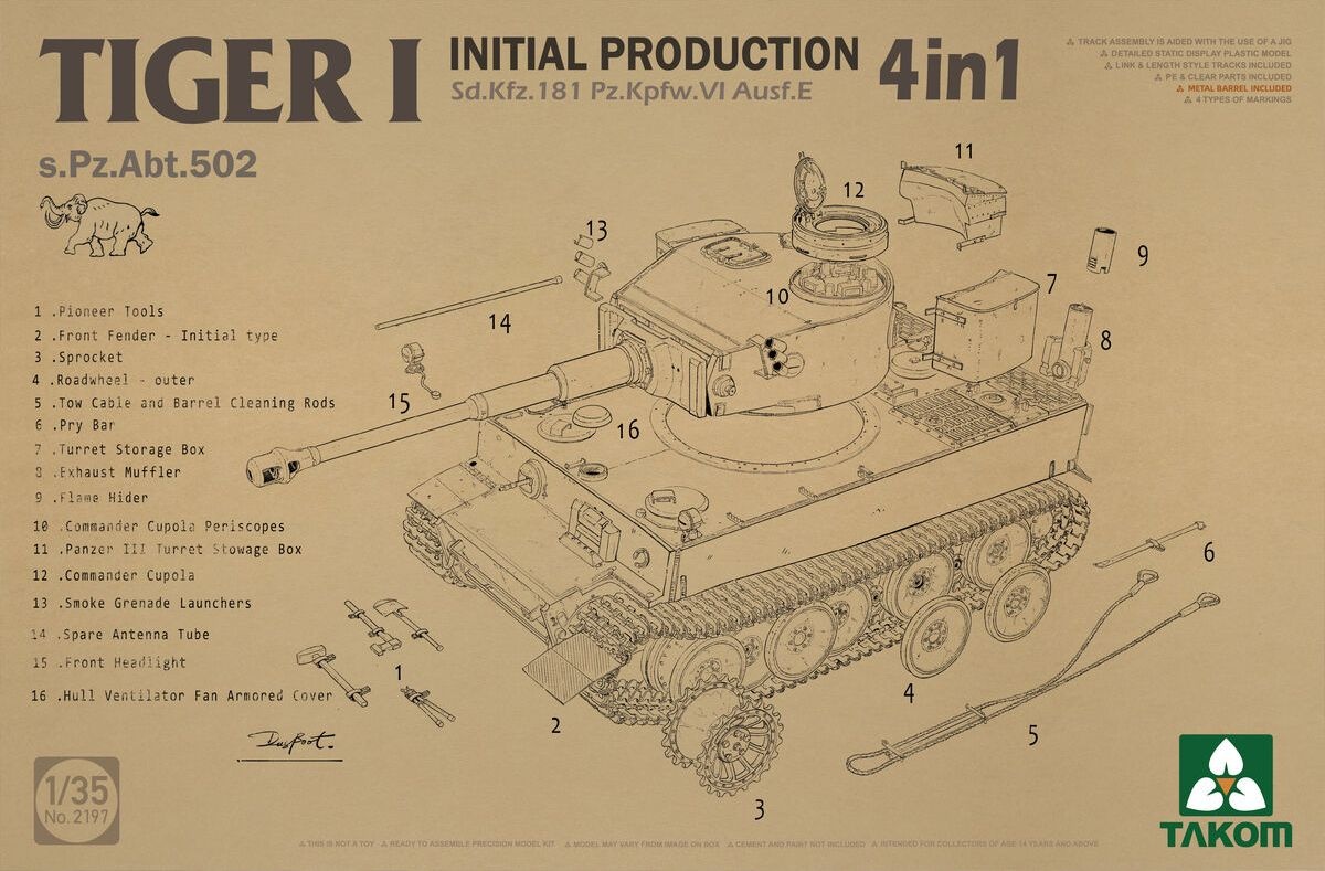 Zdjęcie główne produktu Tiger I Initial Production Sd.Kfz.181 Pz.Kpfw.VI Ausf. E 4in1 1:35 Takom 2197