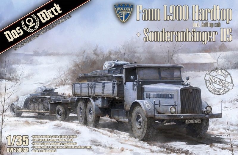 Zdjęcie Faun L900 Hardtop z kabiną Softtop i przyczepą Sonderanhänger 115 1:35 Das Werk 35003X