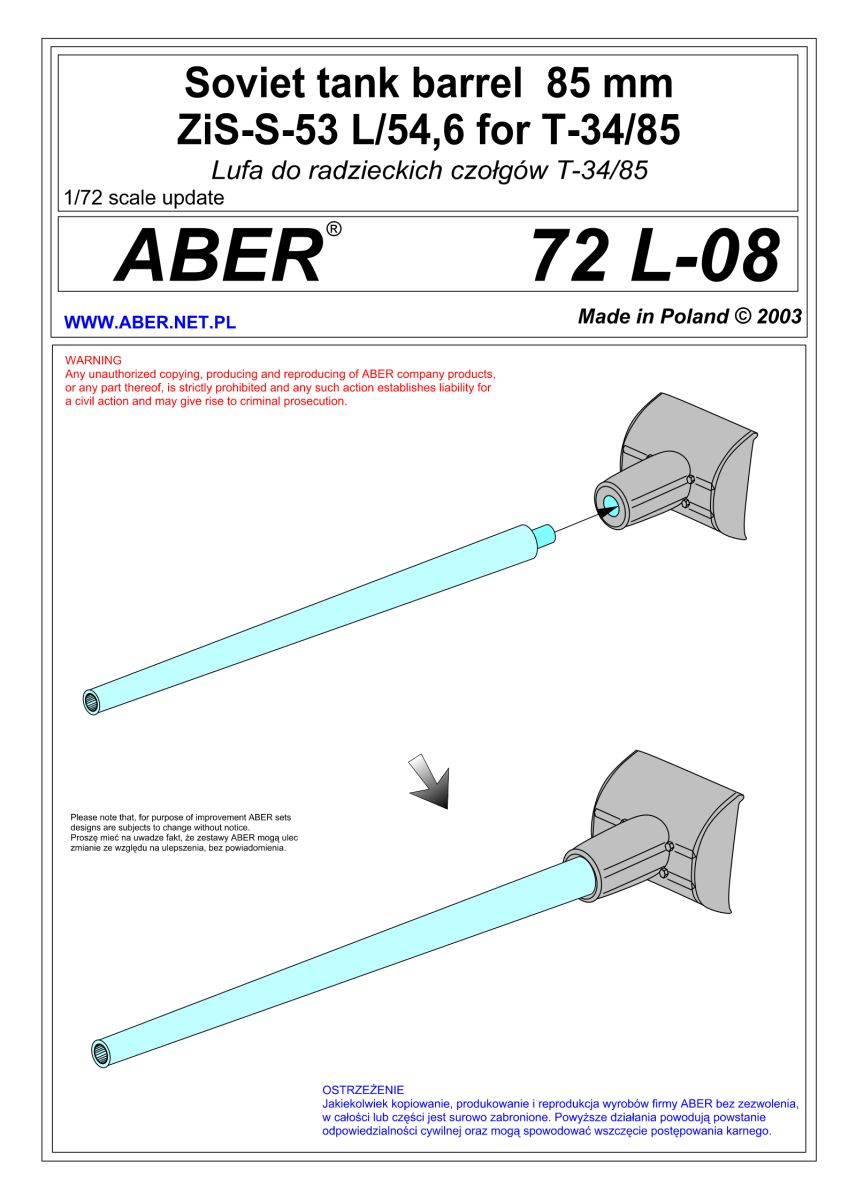 Zdjęcie Lufa 85 mm ZiS-S-53 L/54,6 do T-34/85 1:72 ABER 72L08