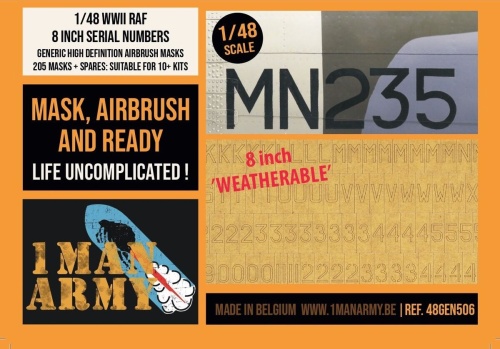Maski do aerografu WWII RAF 8" numery seryjne 1:48 1 Man Army 48GEN506