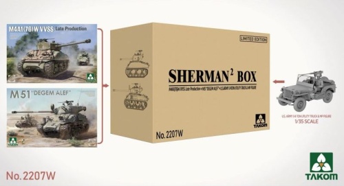 Sherman Box: M4A1(76)W VVSS Late Production + M51 "Degem Alef" + US Army 1/4 Ton Utility Truck & MP Figure 1:35 Takom 2207W